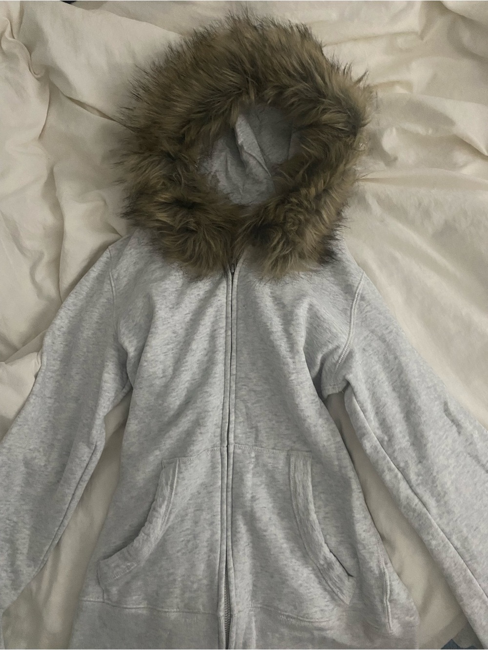 HOLLISTER Light Gray Hoodie Coat with Faux Fur Trim